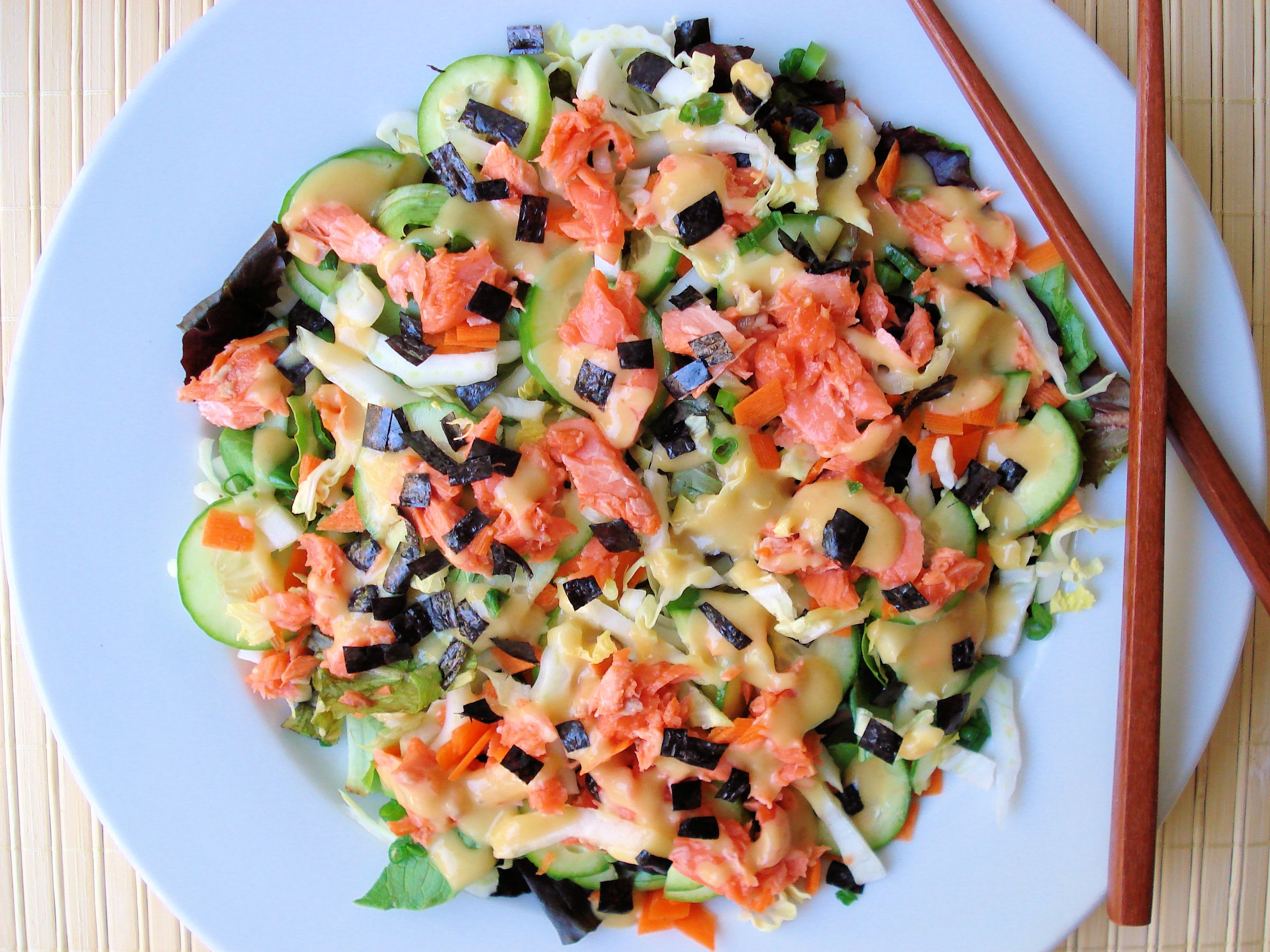 Wild Salmon Vegetable Salad with Lemon Miso Dressing Wild Salmon Vegetable Salad with Lemon Miso Dressing