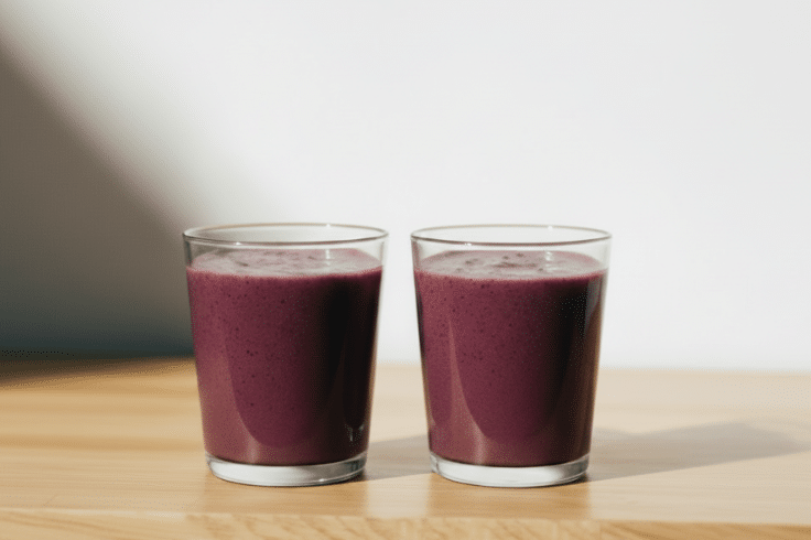 close up of two glasses of beet orange ginger juice
