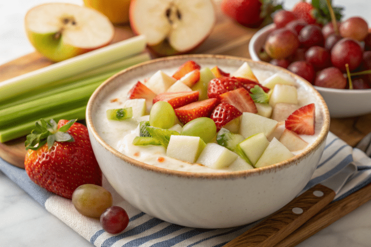 Yogurt salad topped with fruit and surrounded by ingredients