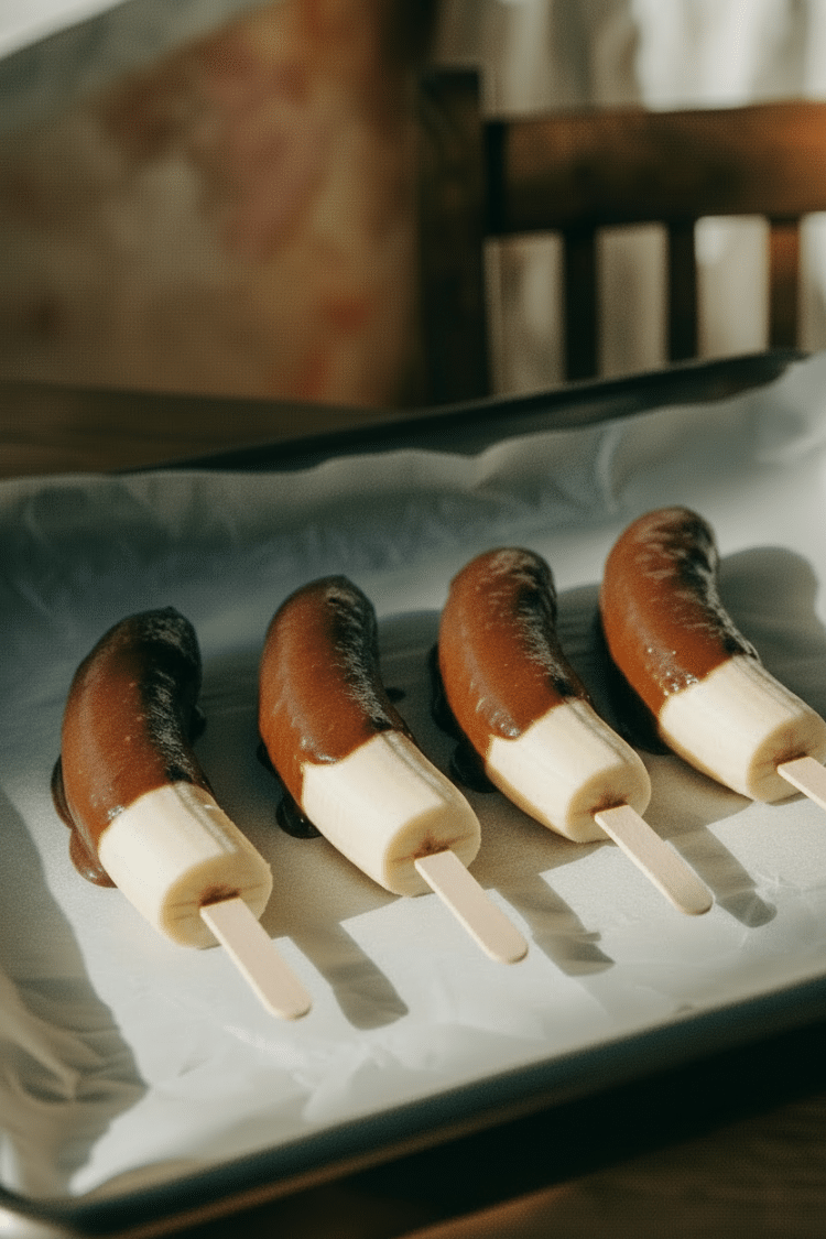 chocolate frozen banana pops that have been dipped in chocolate but are not yet coated with cacao nibs or goji berries.