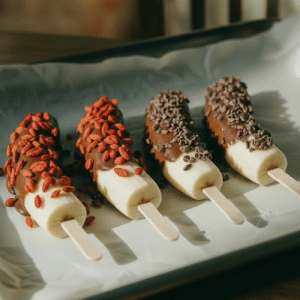 close up of chocolate frozen banana pops on tray