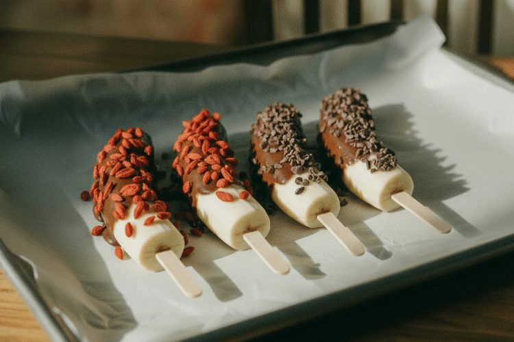 close up of chocolate frozen banana pops on tray