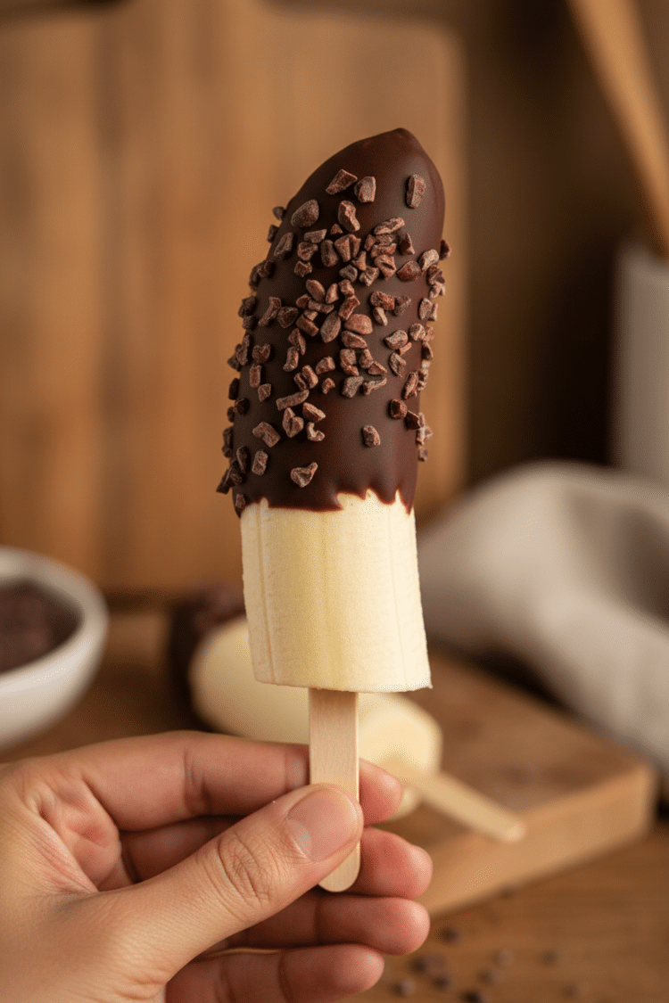 person holding banana pop coated in cacao nibs