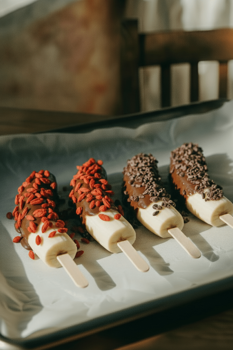 chocolate dipped and frozen banana pops coated in superfood toppings