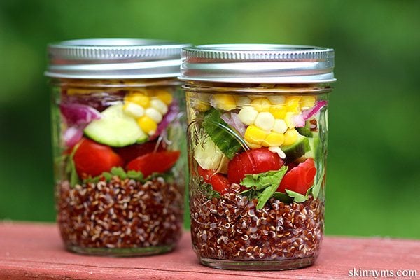 Mediterranean Quinoa Salad with Seasonal Vegetables in a mason jar