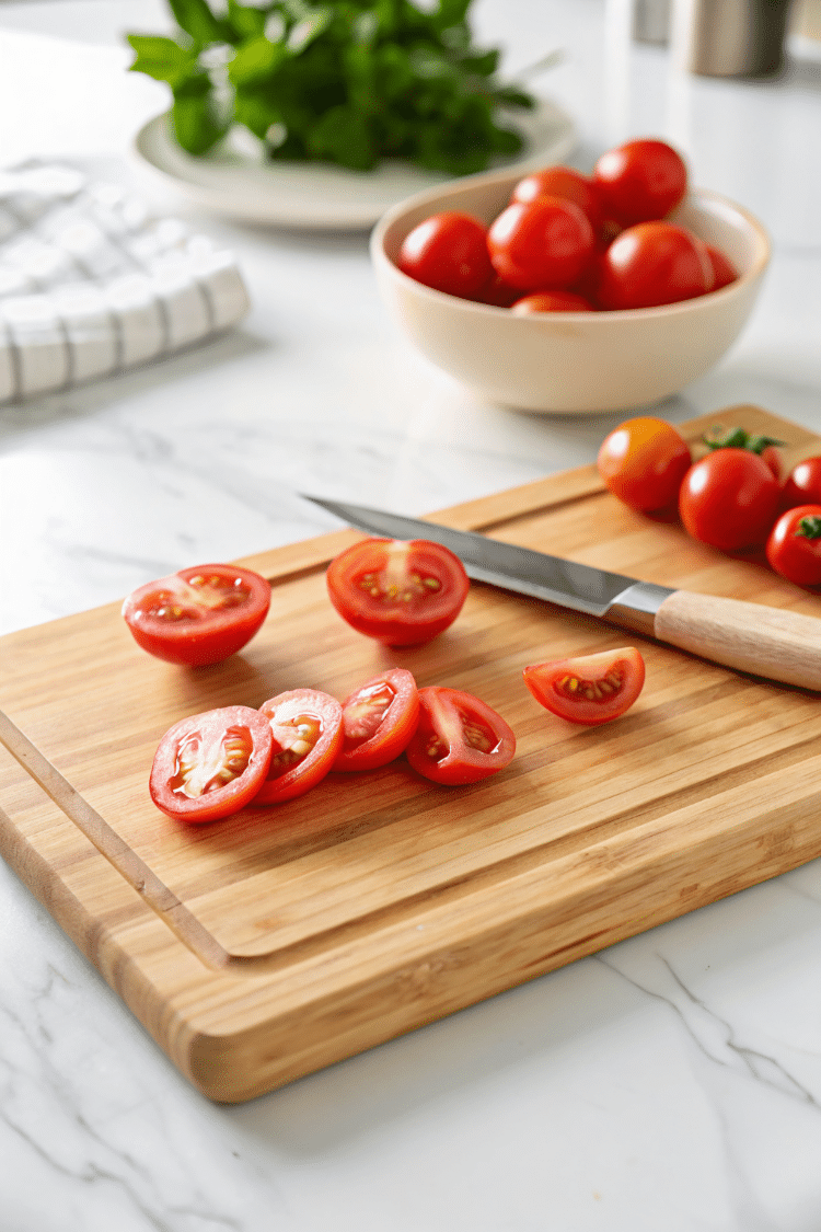 tomatoes on a cutting board that have been sliced into halves