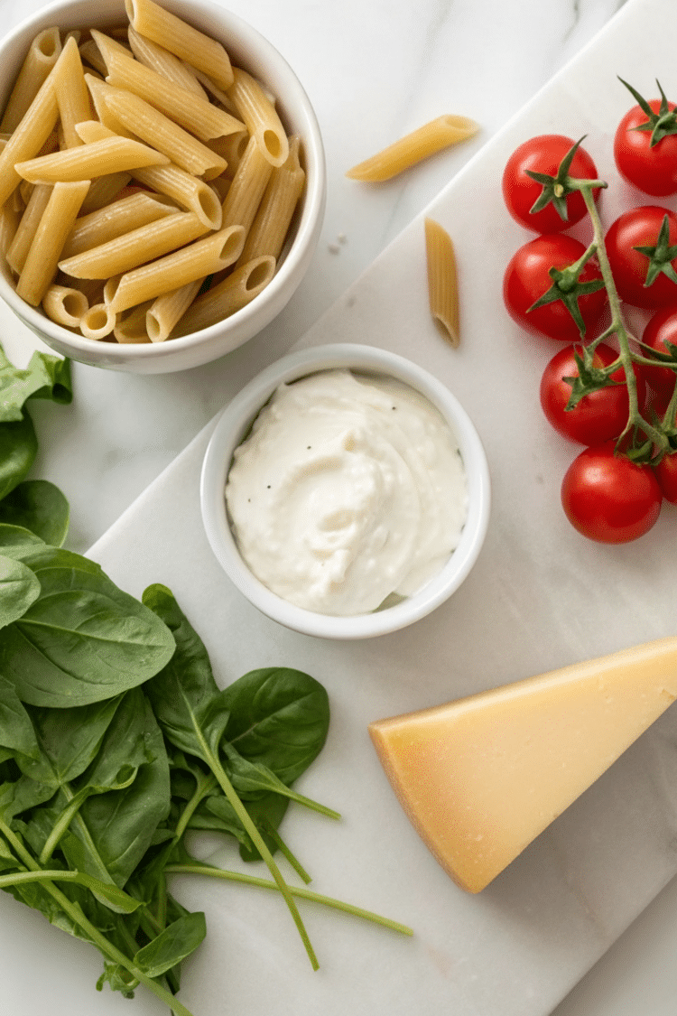 main ingredients laid out on cutting board and counter top