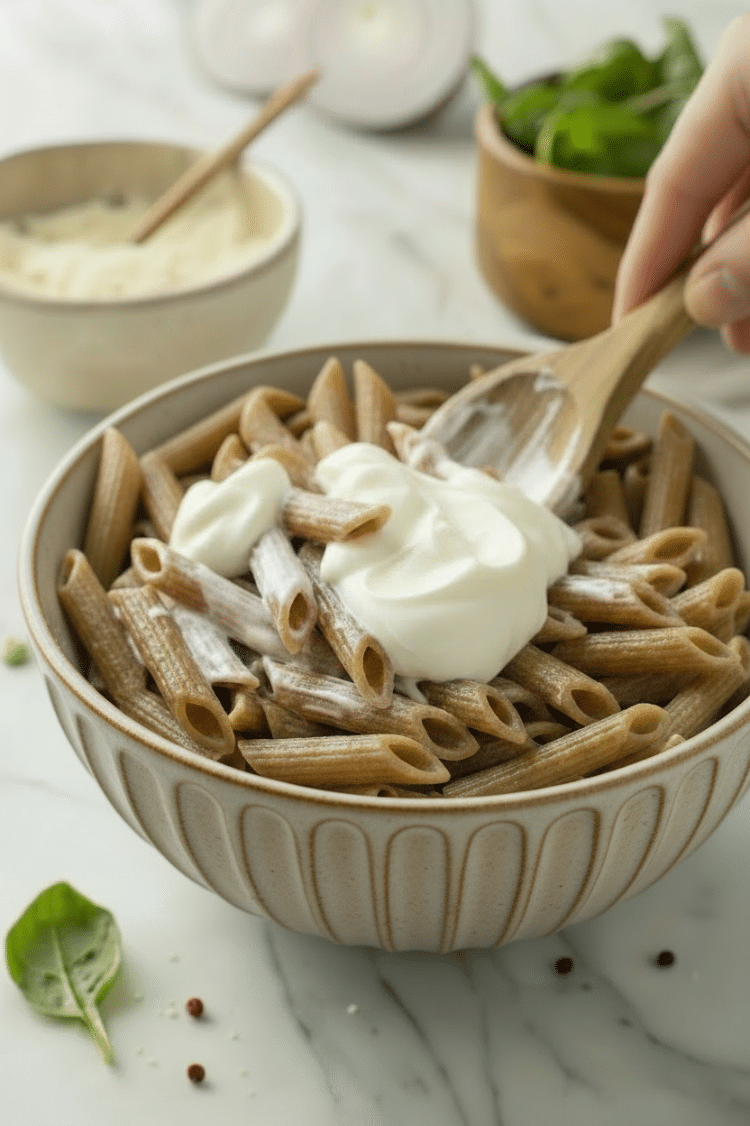 hand holding wooden spoon mixing pasta with Greek yogurt