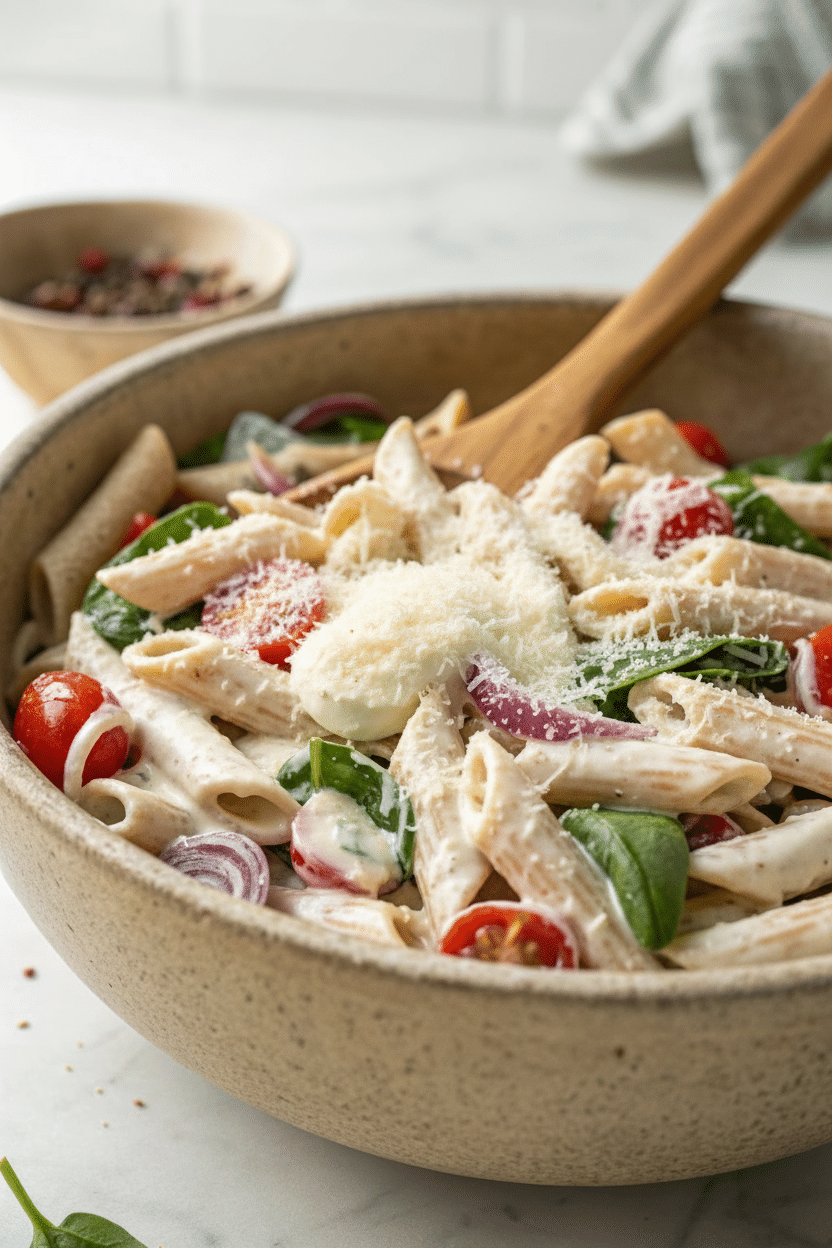 partial view of pasta bowl with wooden spoon