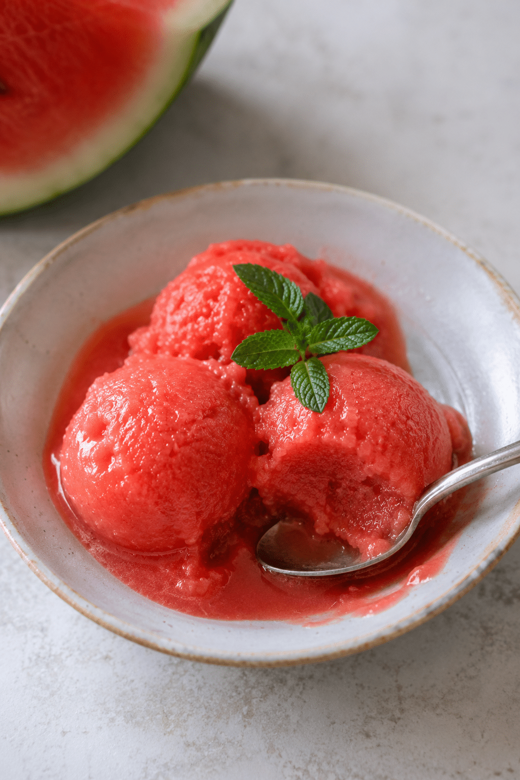 A scoop of homemade watermelon sorbet served in a small bowl.