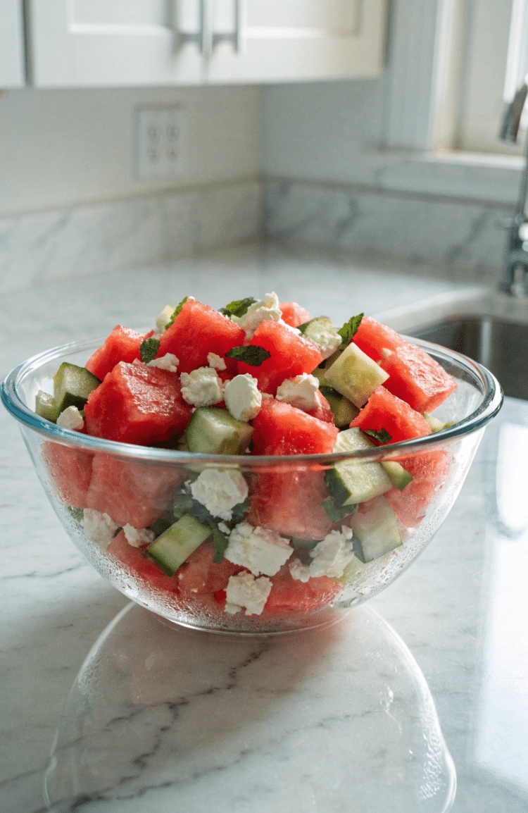 Watermelon Cucumber Salad in a large, clear glass mixing bowl on kitchen counter.
