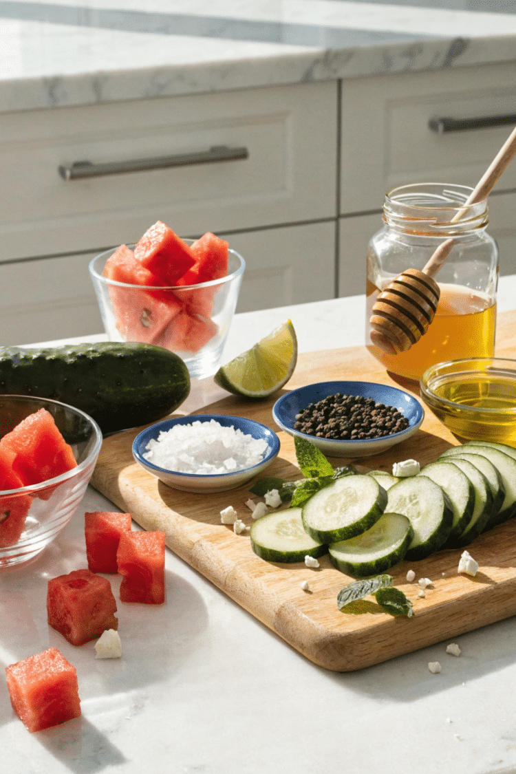 Main ingredients needed for making this healthy side dish on a wooden cutting board