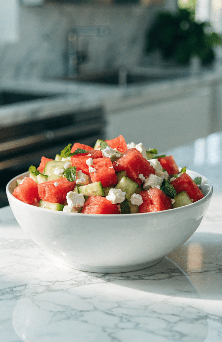 Finished watermelon cucumber salad in a white serving bowl