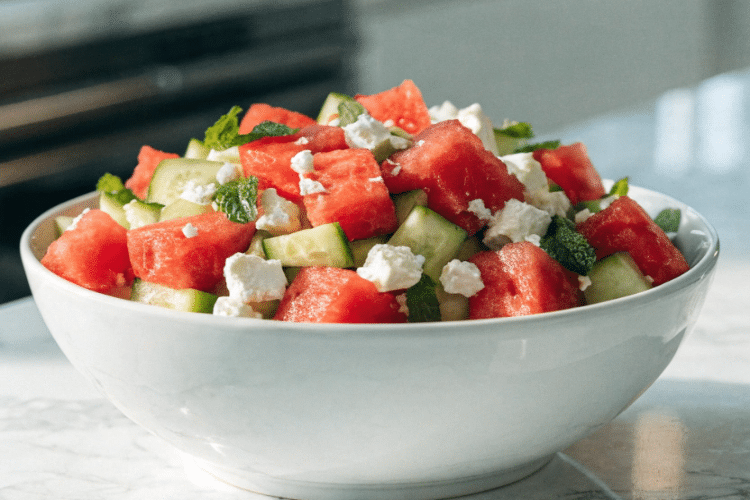 close up image of watermelon cucumber salad in a white serving bowl