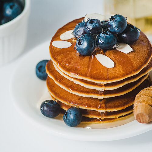 View of Greek Yogurt Pancakes with Blueberries & Honey