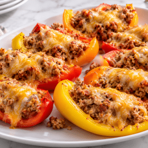 Skinny bell Pepper Nacho Boats on a white plate