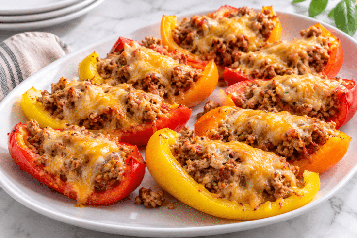 Skinny bell Pepper Nacho Boats on a white plate