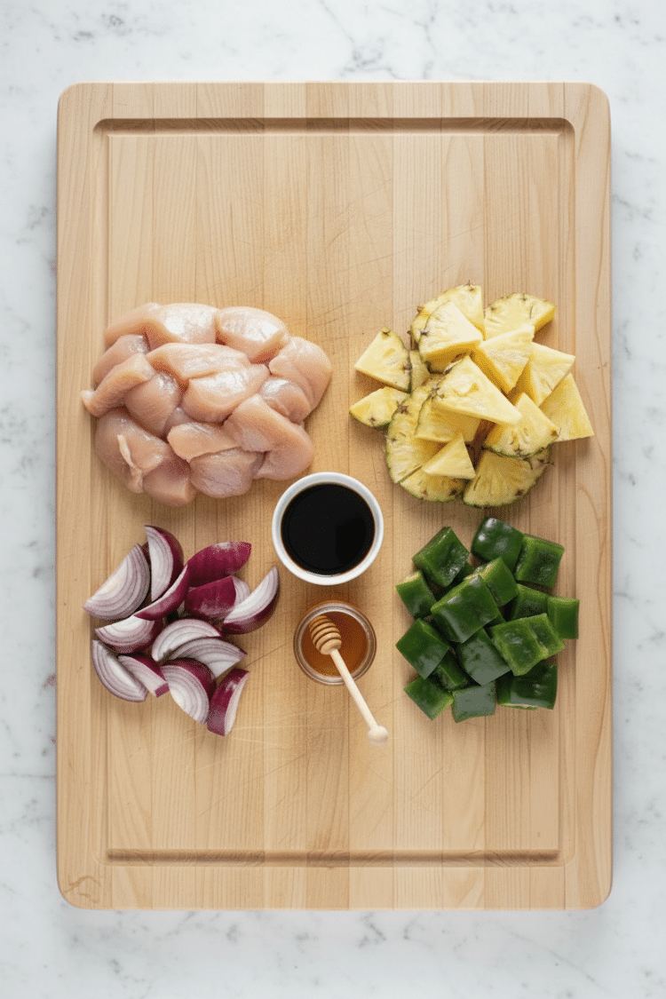 Main ingredients needed in this recipe on wooden cutting board