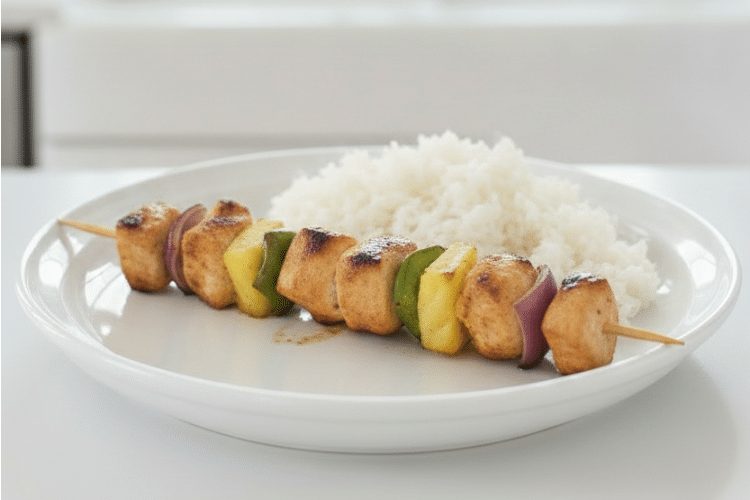 Finished pineapple chicken skewers with a side of white rice on white plate
