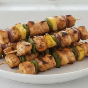 Close up of all the finished Hawaiian chicken kabobs stacked on a white platter