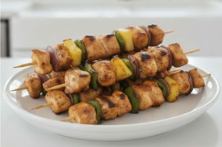 Close up of all the finished Hawaiian chicken kabobs stacked on a white platter