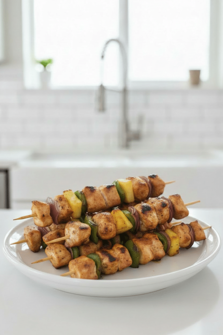 Cooked Hawaiian chicken kabobs on a white plate