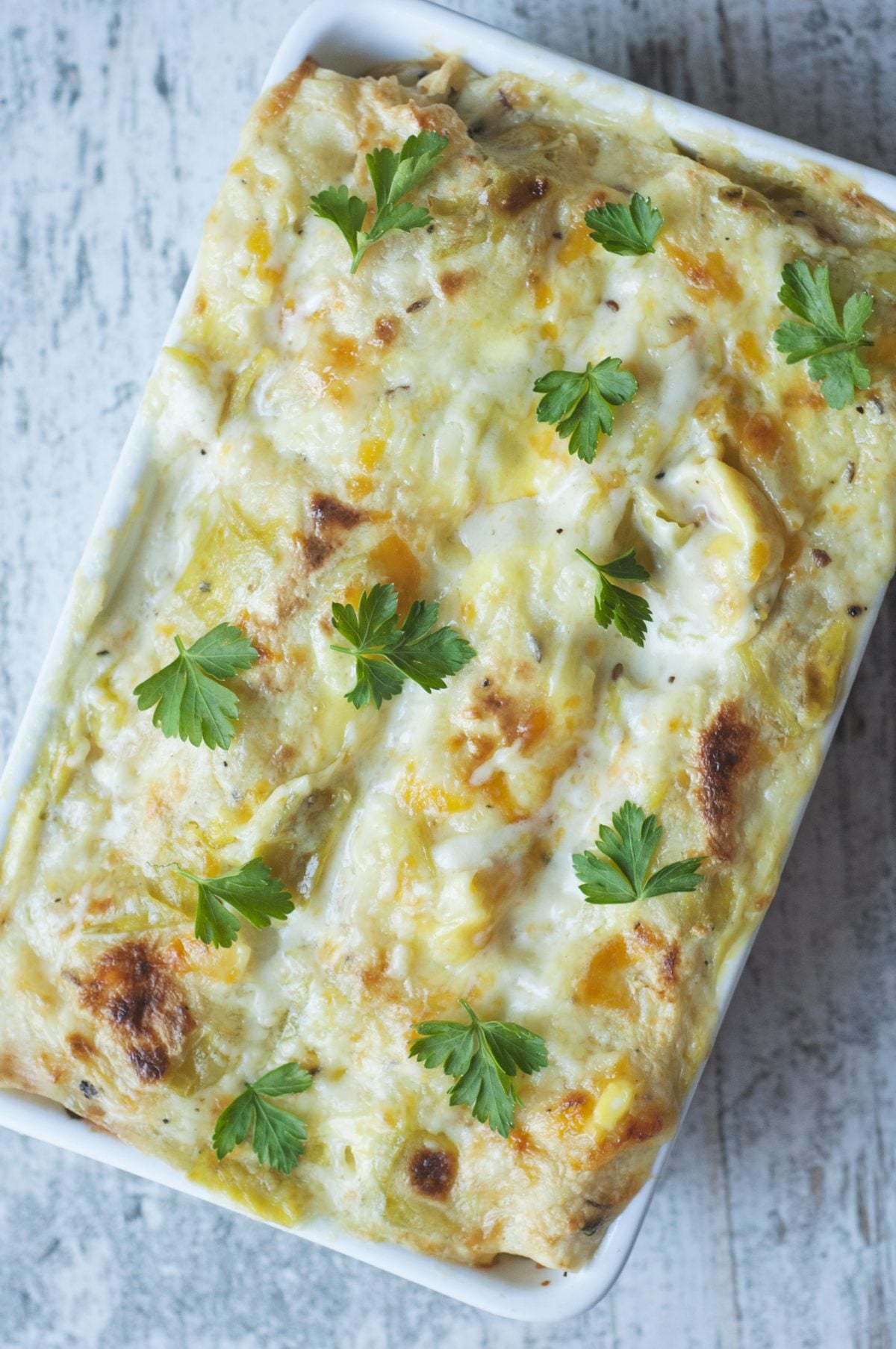 white chicken enchiladas in a casserole dish