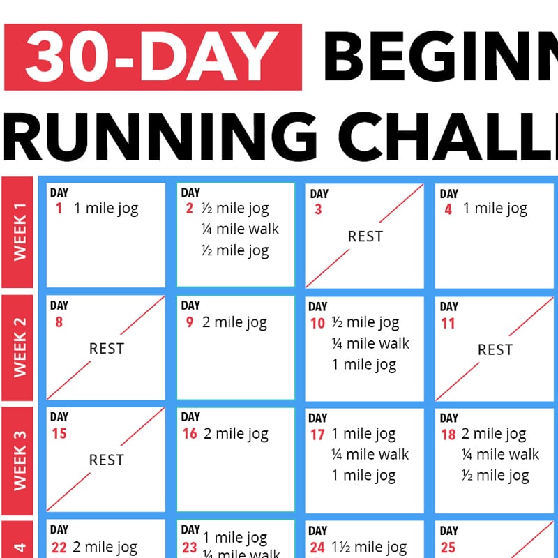 30 day beginners running challenge calendar