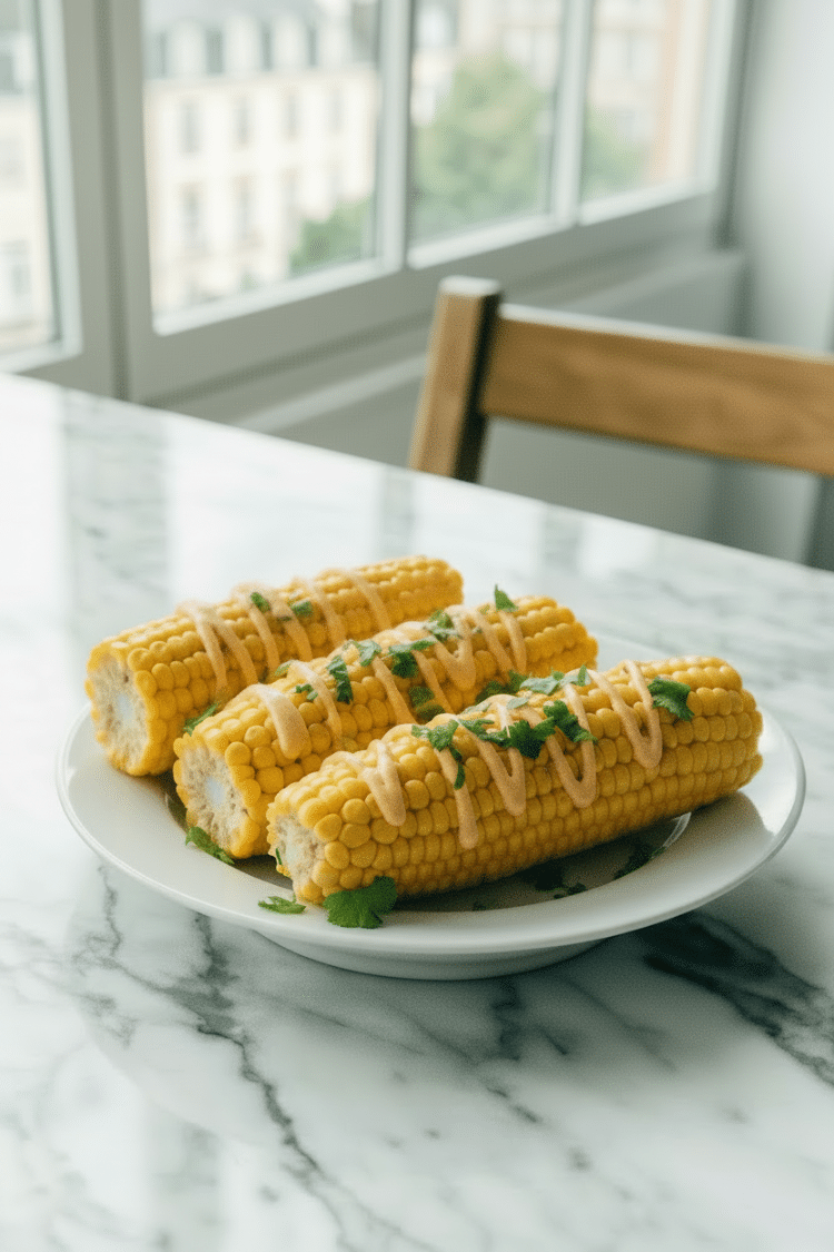 3 ears of corn on a white plate topped with chipotle sauce