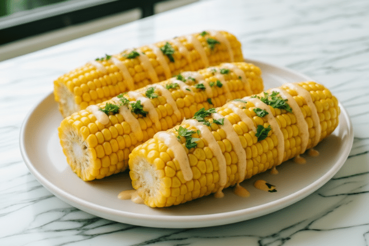 bright yellow corn topped with a creamy tan colored sauce and sprinkled with fresh cilantro