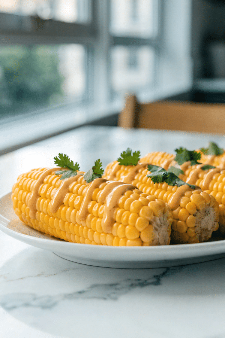 instant pot corn on the cob drizzled with creamy chipotle sauce and sprinkled with fresh cilantro