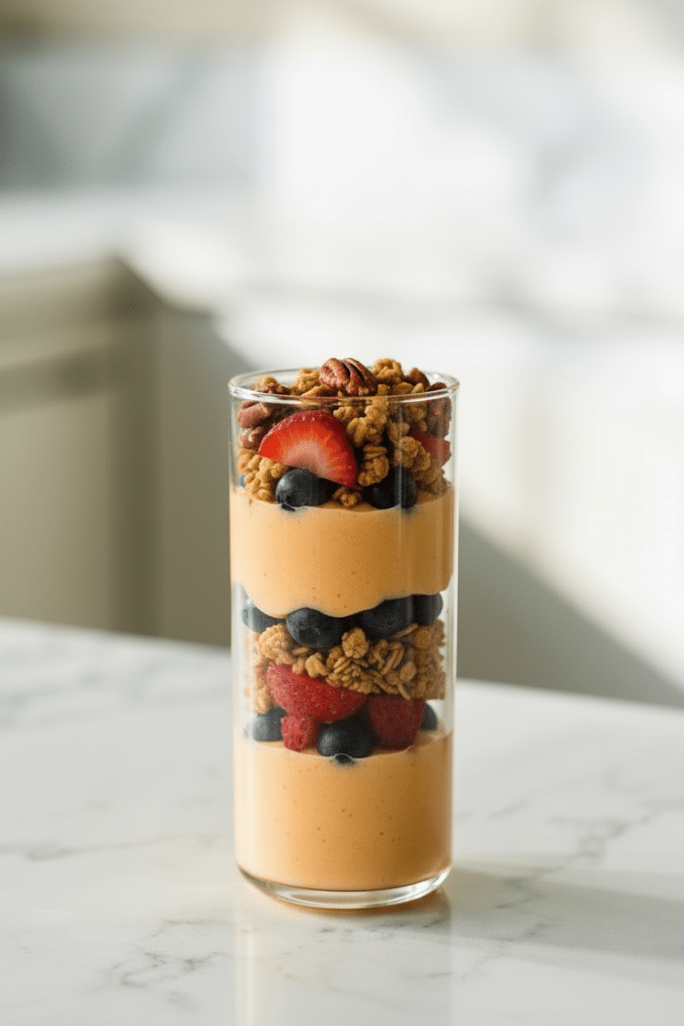 Mango yogurt parfait in a tall glass