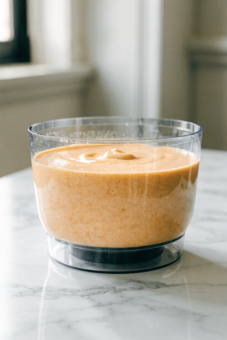 blended mango and greek yogurt mixture in the food processor