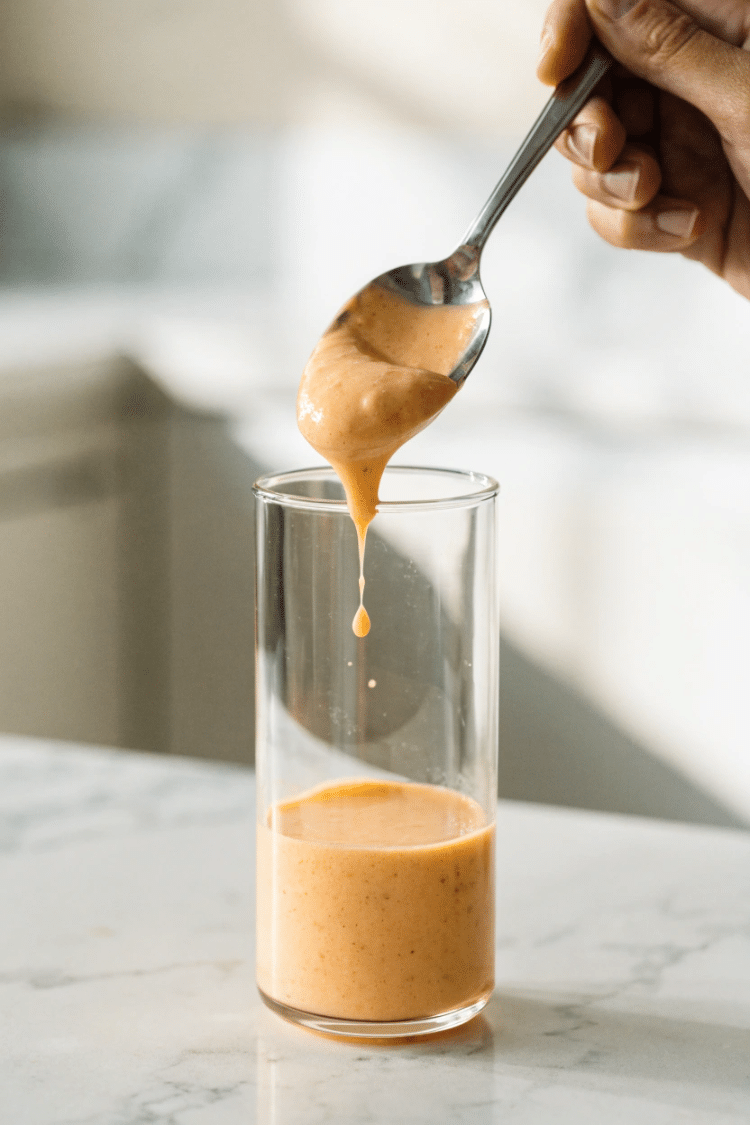 Adding first layer of mango smoothie to the parfait glass