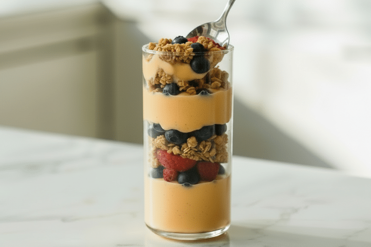 mango yogurt parfait close up