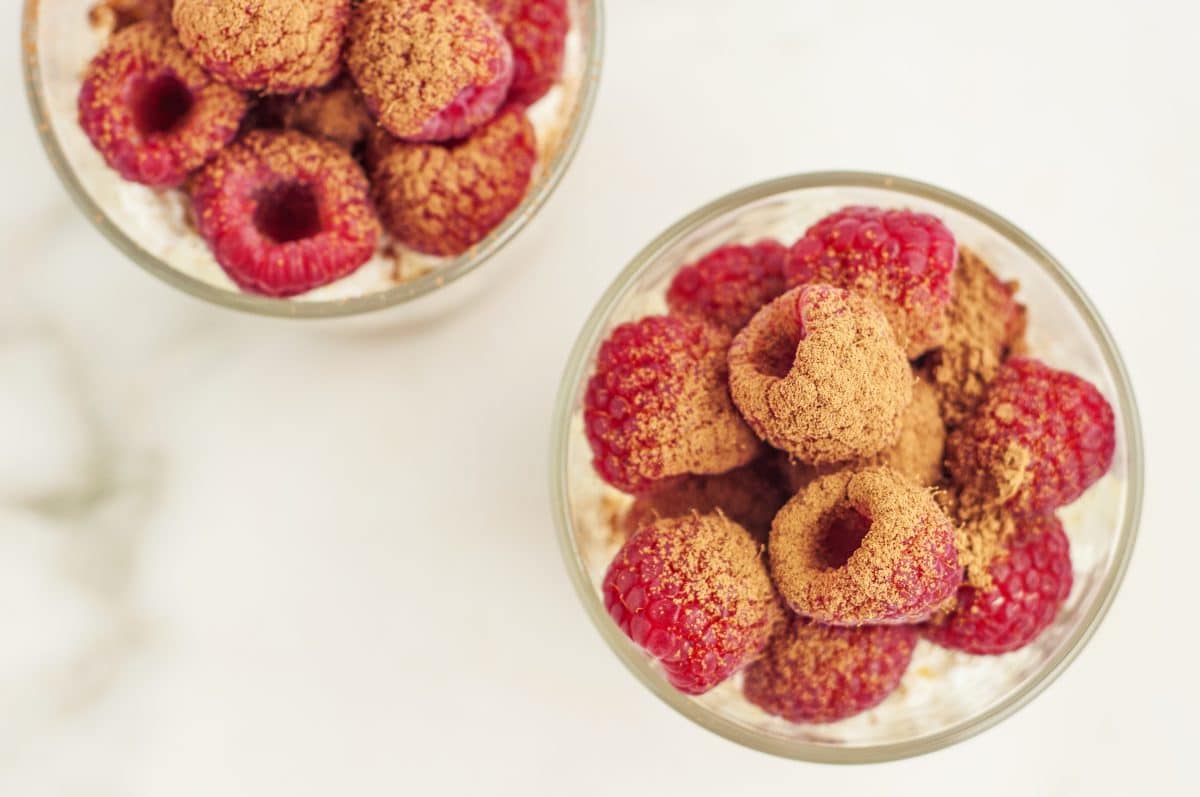 cottage cheese breakfast bowl top view of raspberries and coca powder