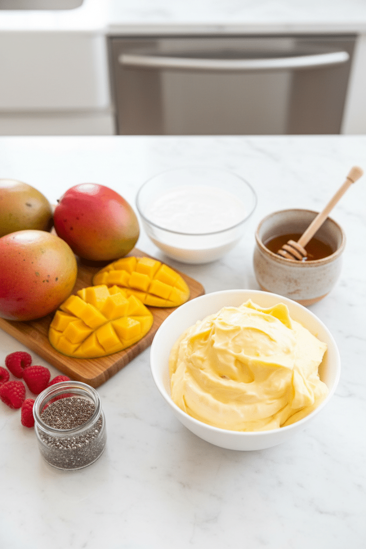 Ingredients needed for making coconut mango ice cream