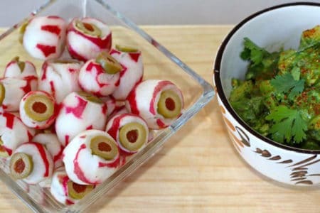 Olive Stuffed Radish "Eyeballs" with Guacamole