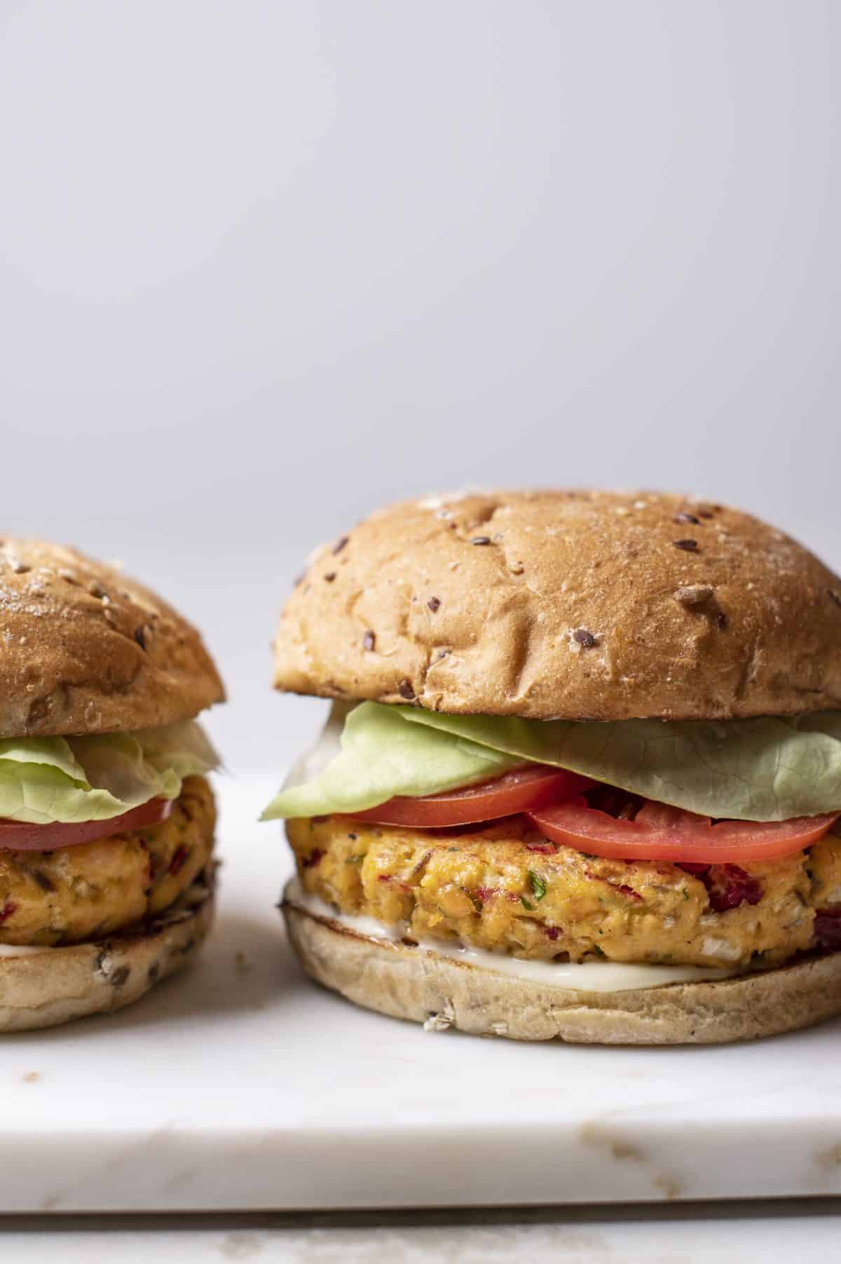 slightly closer version with another salmon burger to the left