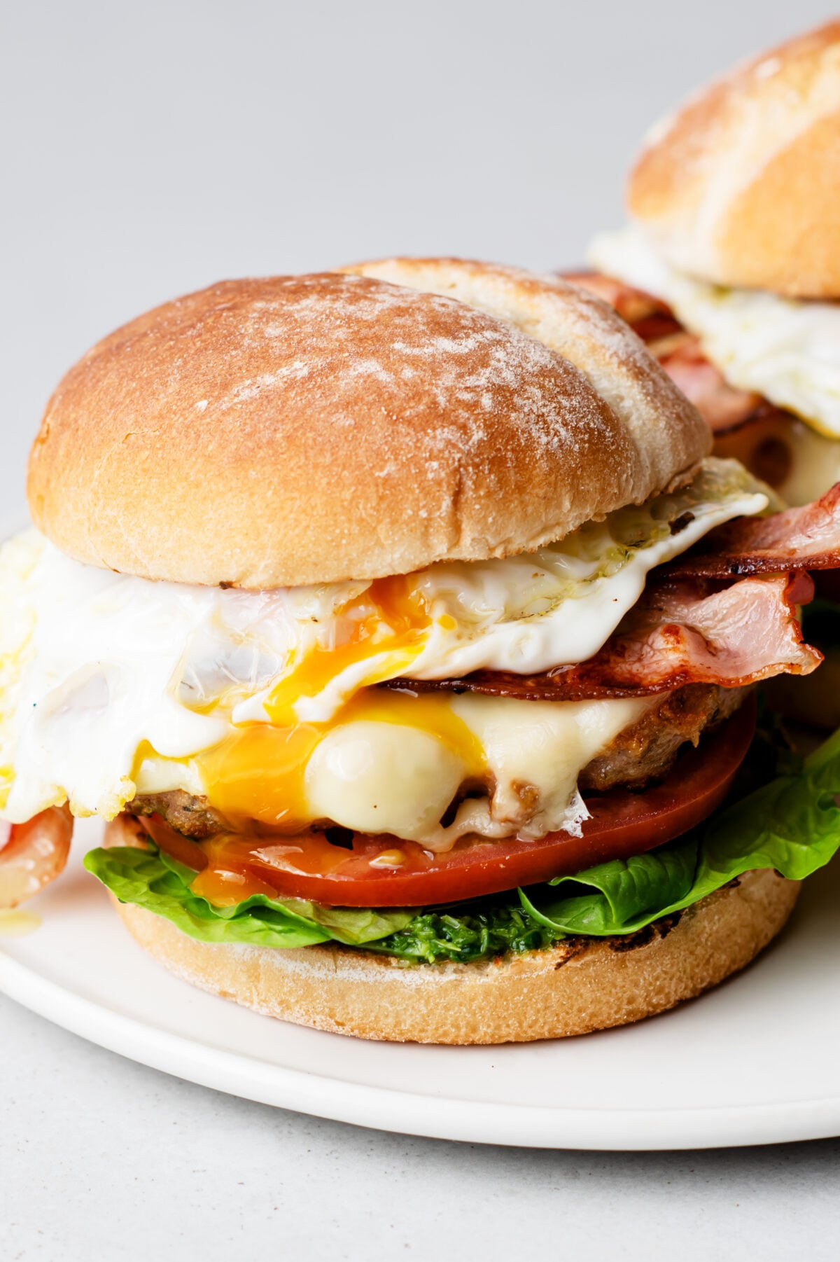 turkey sausage brunch burger on white plate