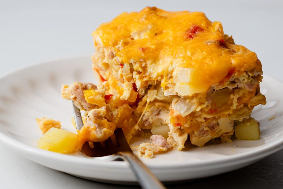 close up view of the inside of the cheesy slow cooker breakfast casserole