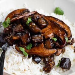 Our Spicy Eggplant Stir-Fry With Mushrooms is a meaty and satisfying recipe that will fill you up!