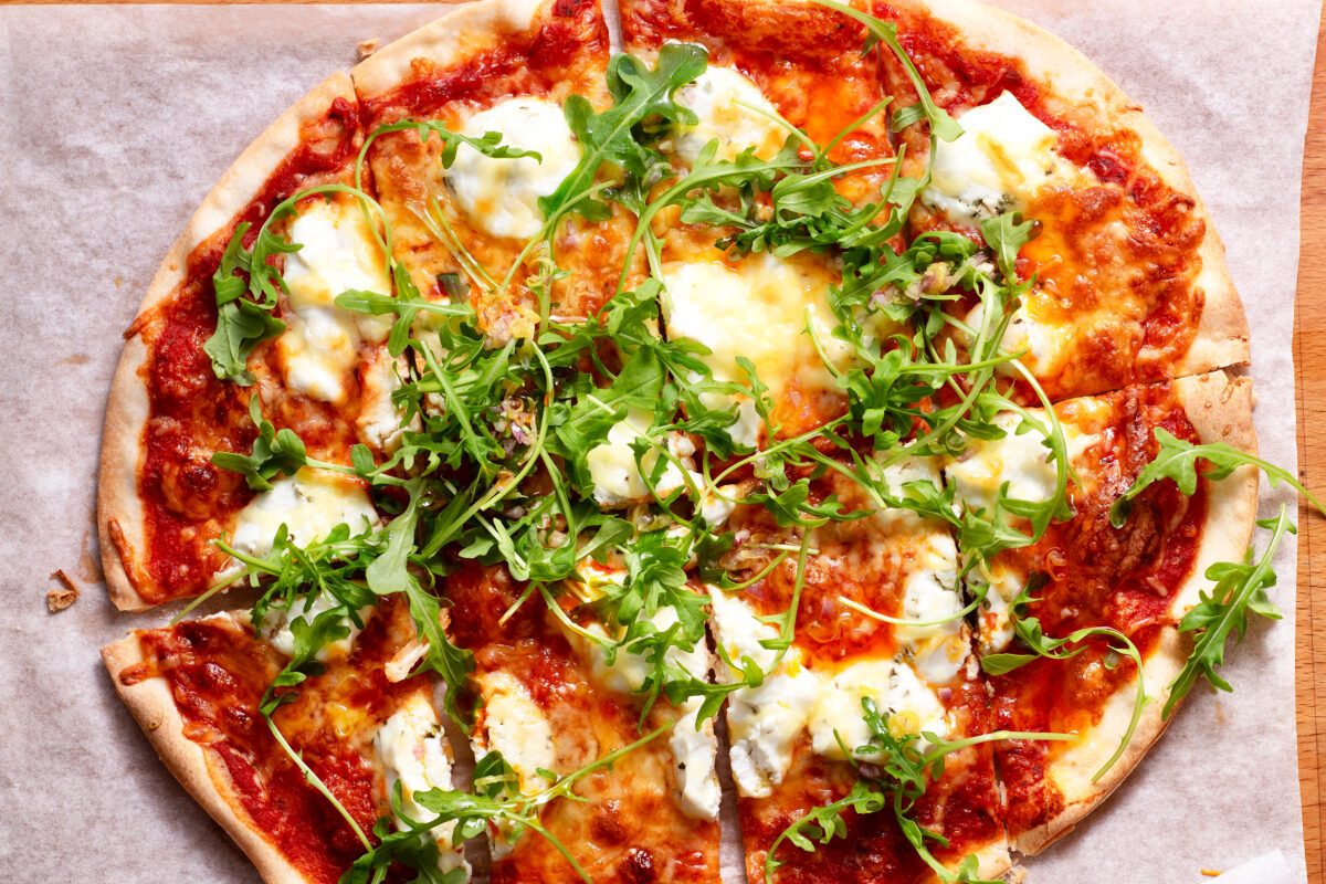 three-cheese arugula pizza