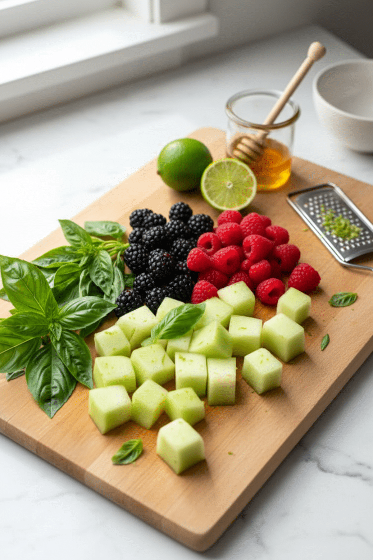 ingredients for making this honey lime fruit salad on a wooden cutting board