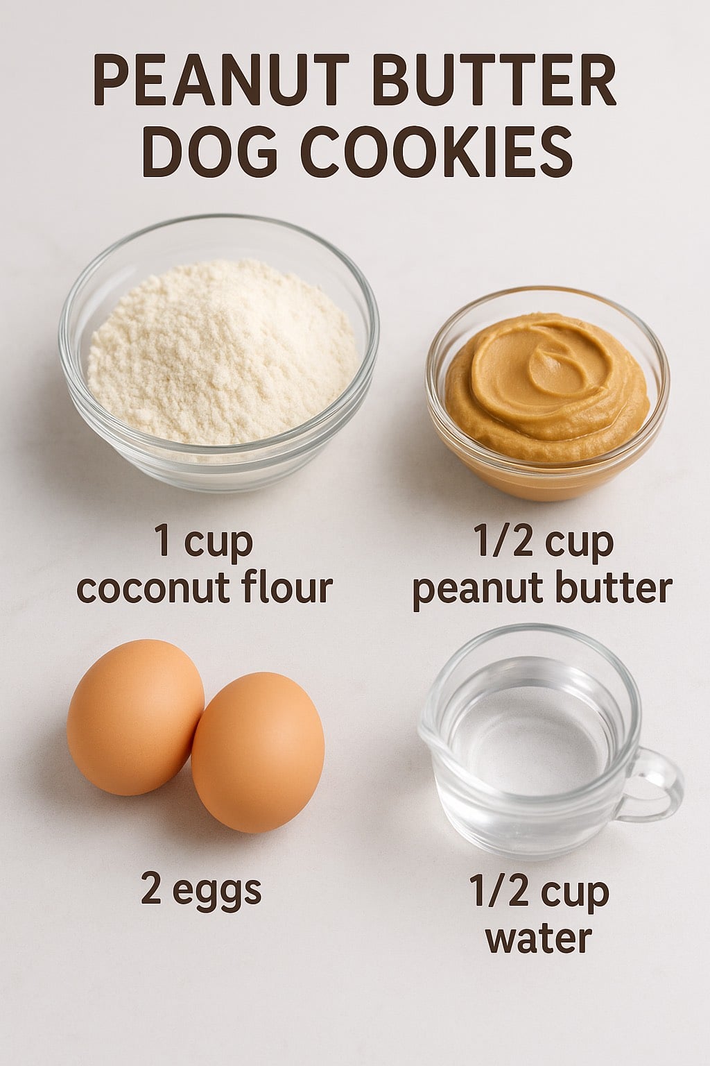 Ingredients for peanut butter dog cookies laid out on a counter top.