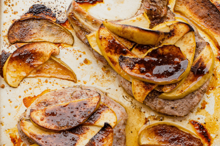 close up image of two prepared apple pork chops
