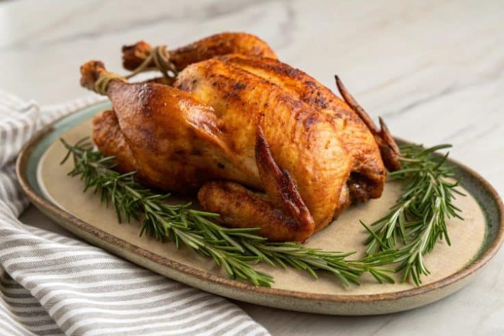 Instant Pot "Rotisserie" Chicken on a platter with rosemary sprigs.
