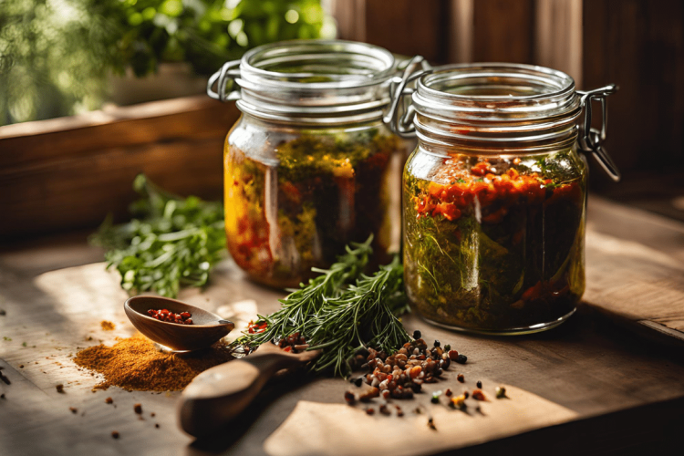 Marinade in jars with fresh ingredients