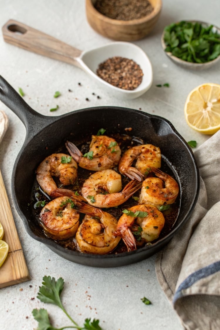 Cooking blackened shrimp in a cast iron skillet