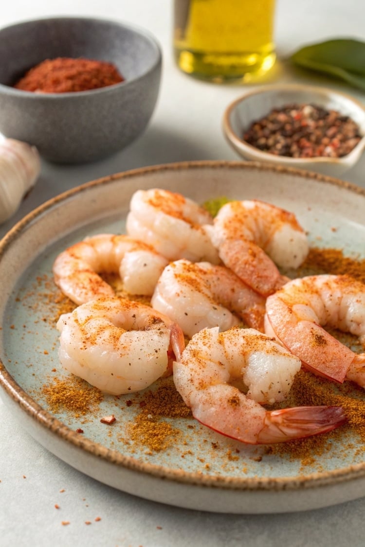 raw shrimp on a plate being seasoned